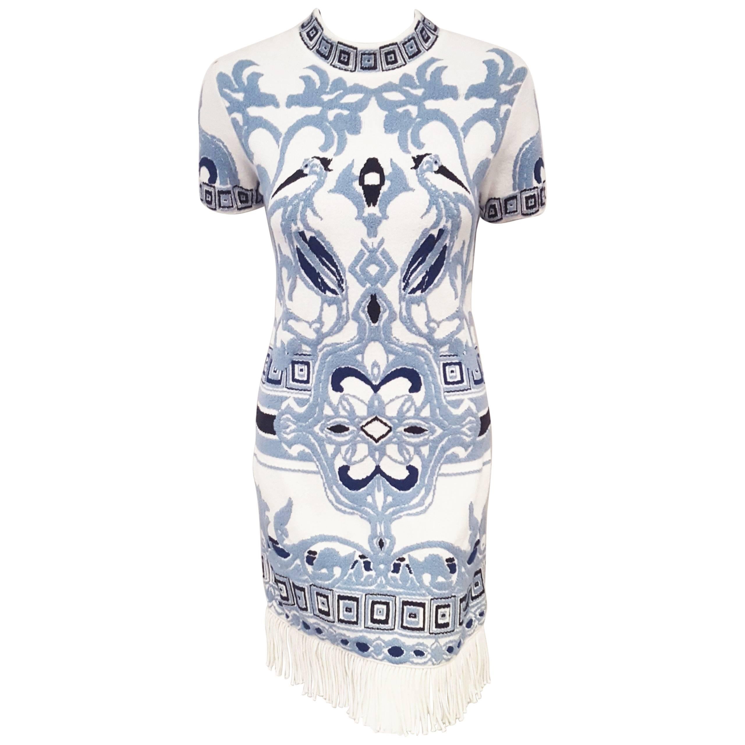 Emilio Pucci White & Blue Cotton Knit Fringe Dress