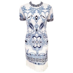 Emilio Pucci White 
Blue Cotton Knit Fringe Dress