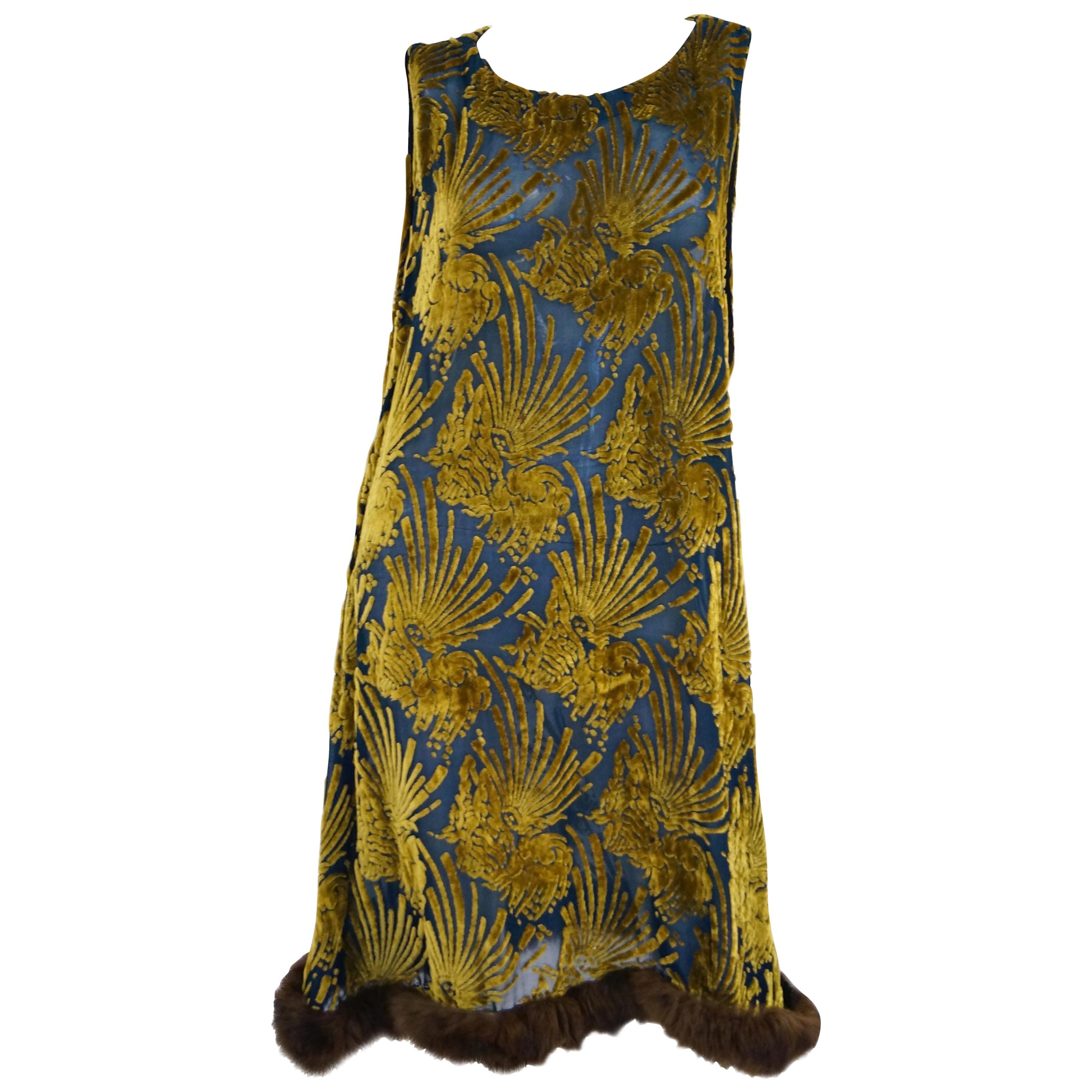  1920s Gold and Indigo Devore Velvet Evening Dress with Sable Trim
