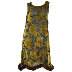 1920s Gold and Indigo Devore Velvet Evening Dress with Sable Trim