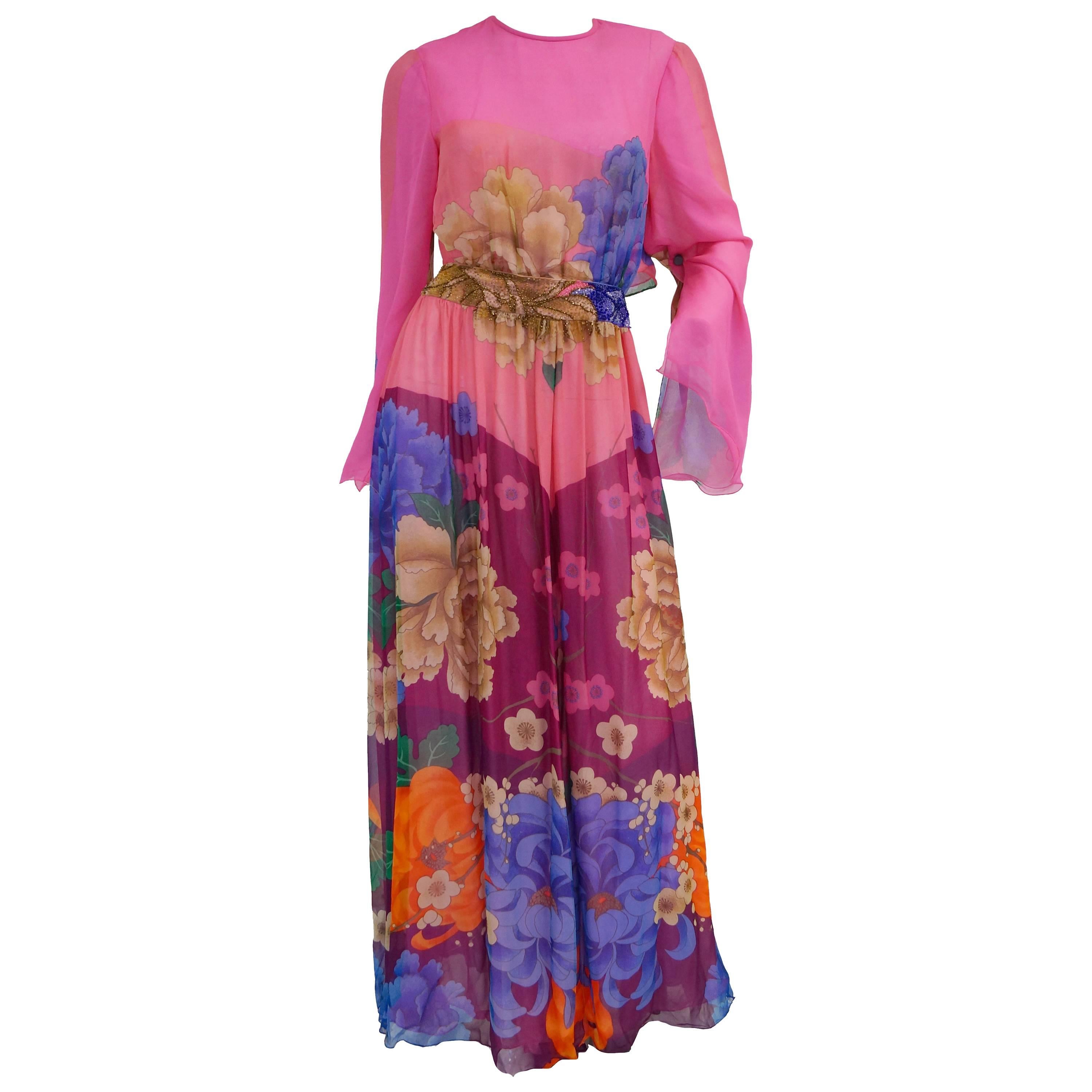 Hanae Mori Silk Floral Jumpsuit, 1970s For Sale