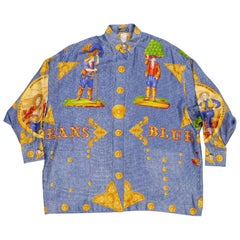 Retro 1990S GIANNI VERSACE Men's Silk Blue Jeans Denim Printed Shirt