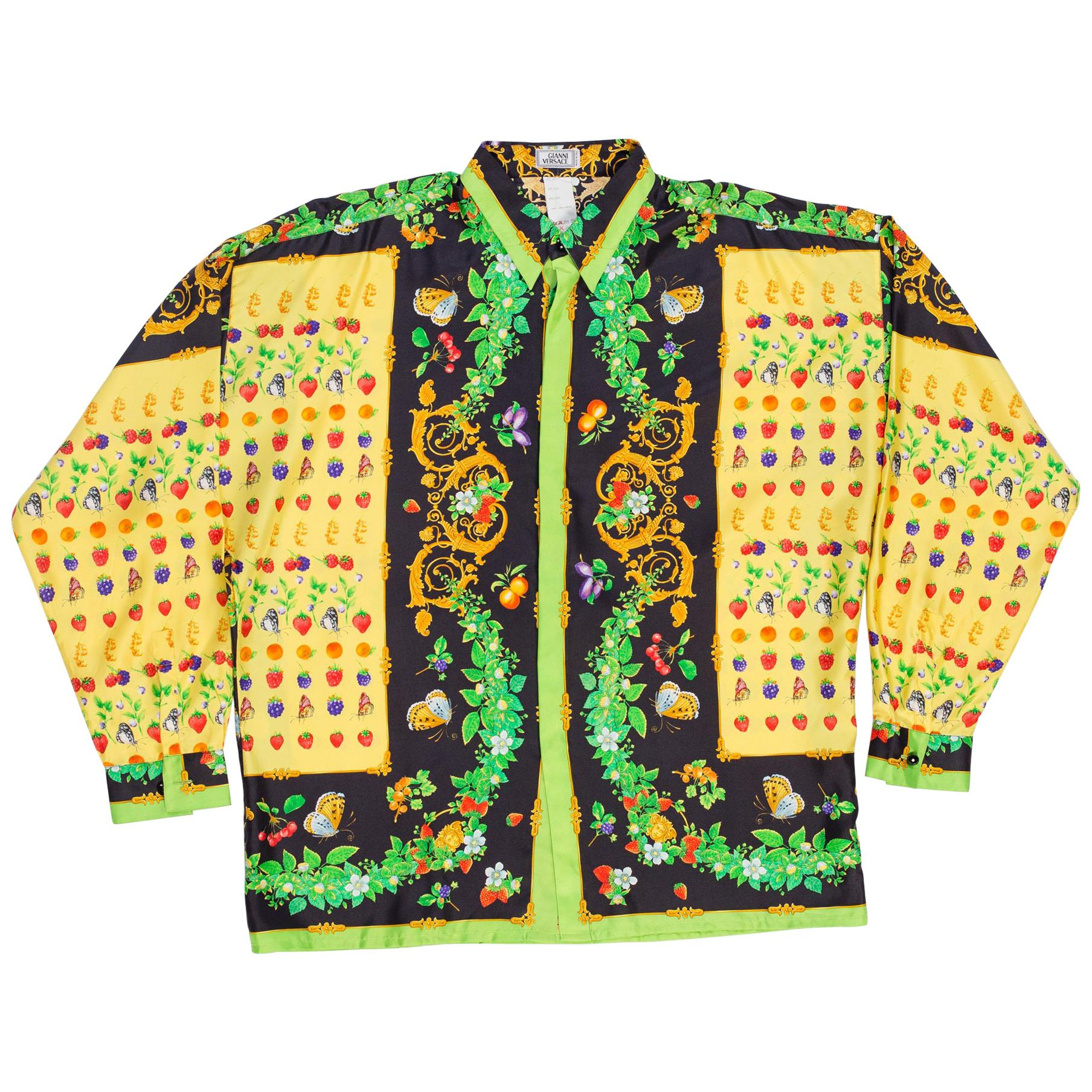 1990s Gianni Versace Garden Beatles and Fruit Baroque Silk Shirt
