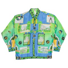 1990s Gianni Versace Miami South Beach Collection Postcard Print Silk Shirt