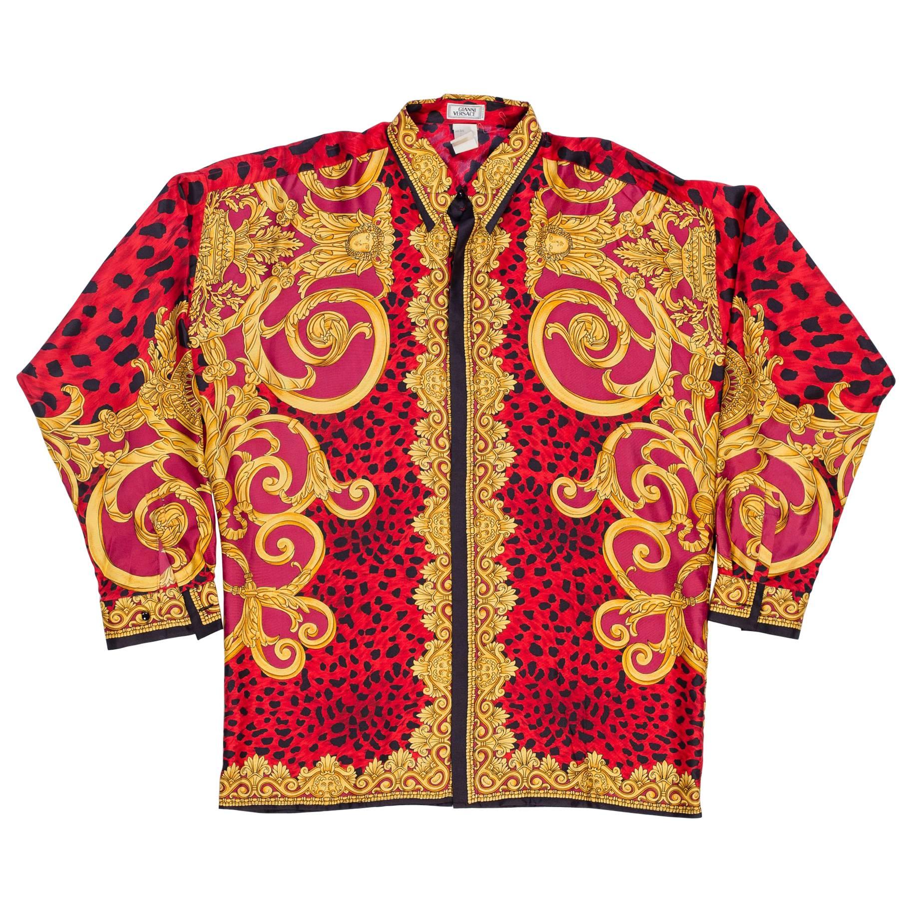 Gianni Versace early 1990s Mens Red Baroque Leopard Print Silk Shirt
