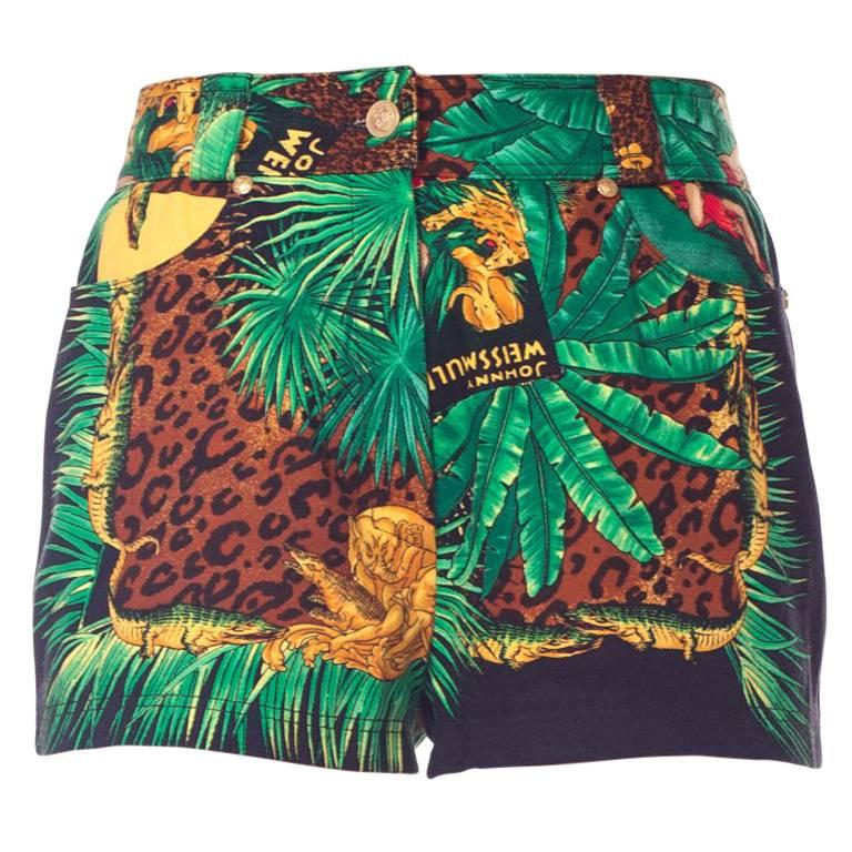 1990S GIANNI VERSACE Cotton Denim Tarzan Leopard Jungle Print Shorts