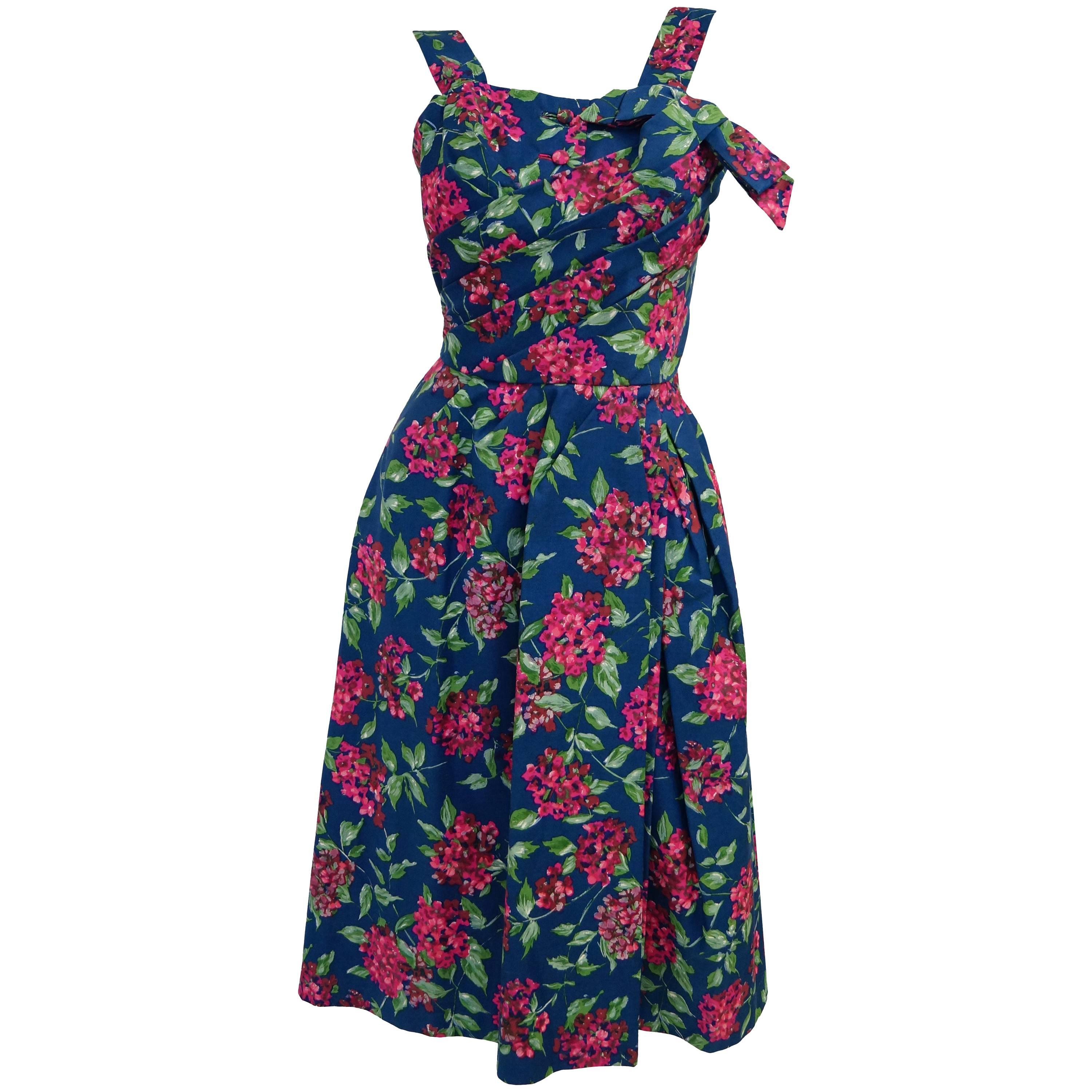 1950s Marty Modell Navy and Pink Floral Ribbed Cotton Faille Dress For Sale