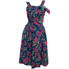 1950s Marty Modell Navy and Pink Floral Ribbed Cotton Faille Dress