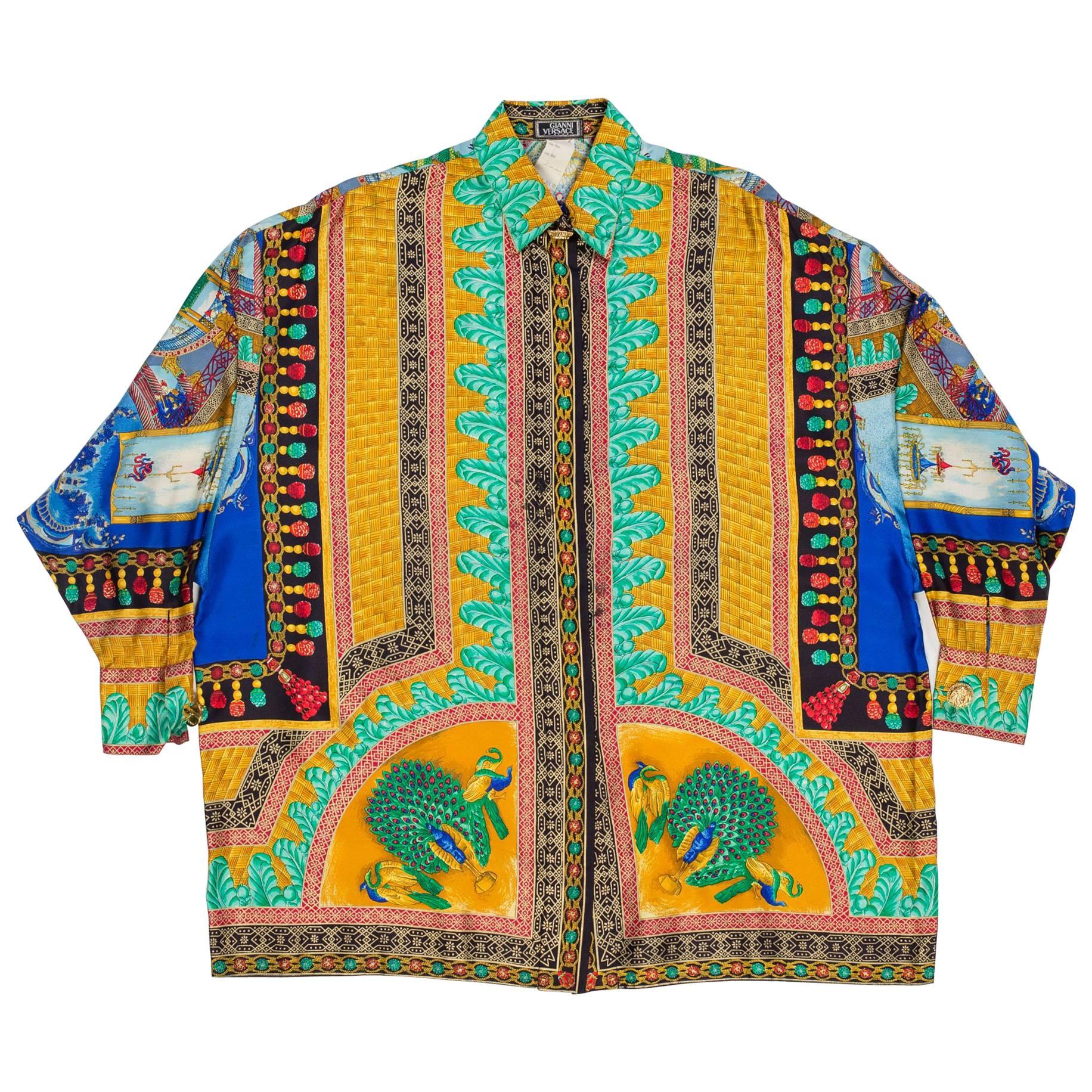 Gianni Versace Peacock Print Silk Shirt with Metallic Details, 1990s 