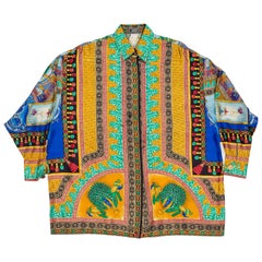 Vintage Gianni Versace Peacock Print Silk Shirt with Metallic Details, 1990s 