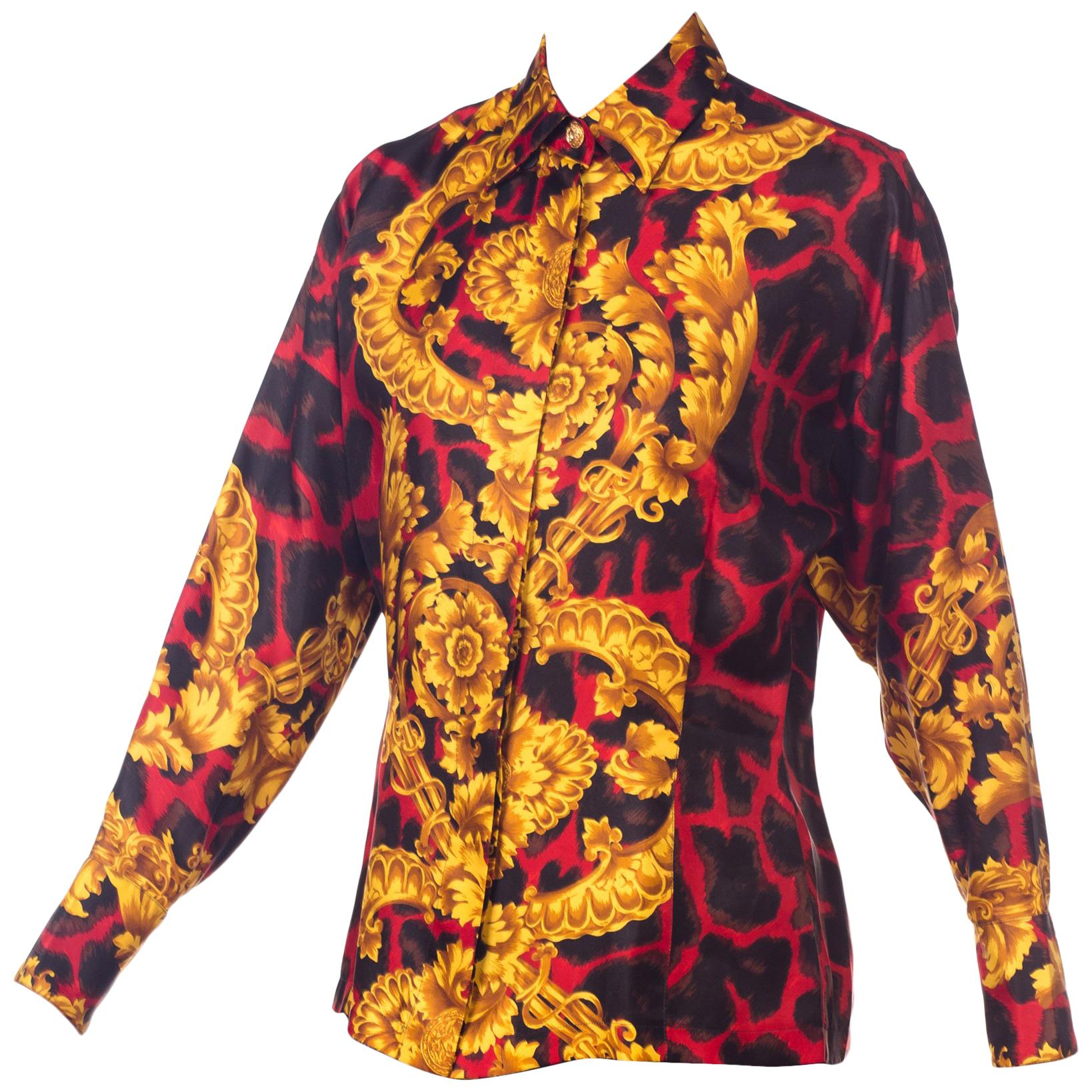 1990S GIANNI VERSACE Red Leopard Baroque Silk Shirt