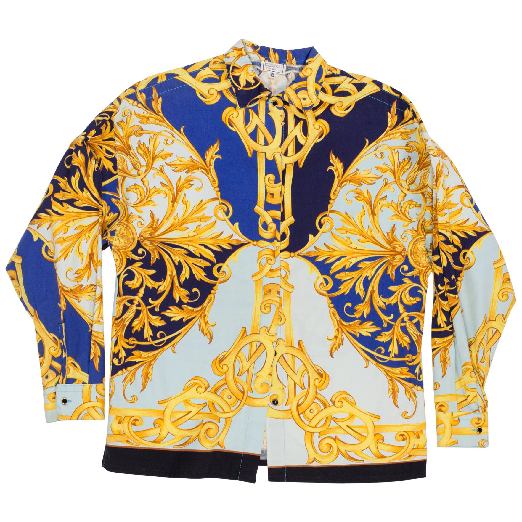 1990s Versus by Versace Cotton Sateen Gold Baroque Shirt