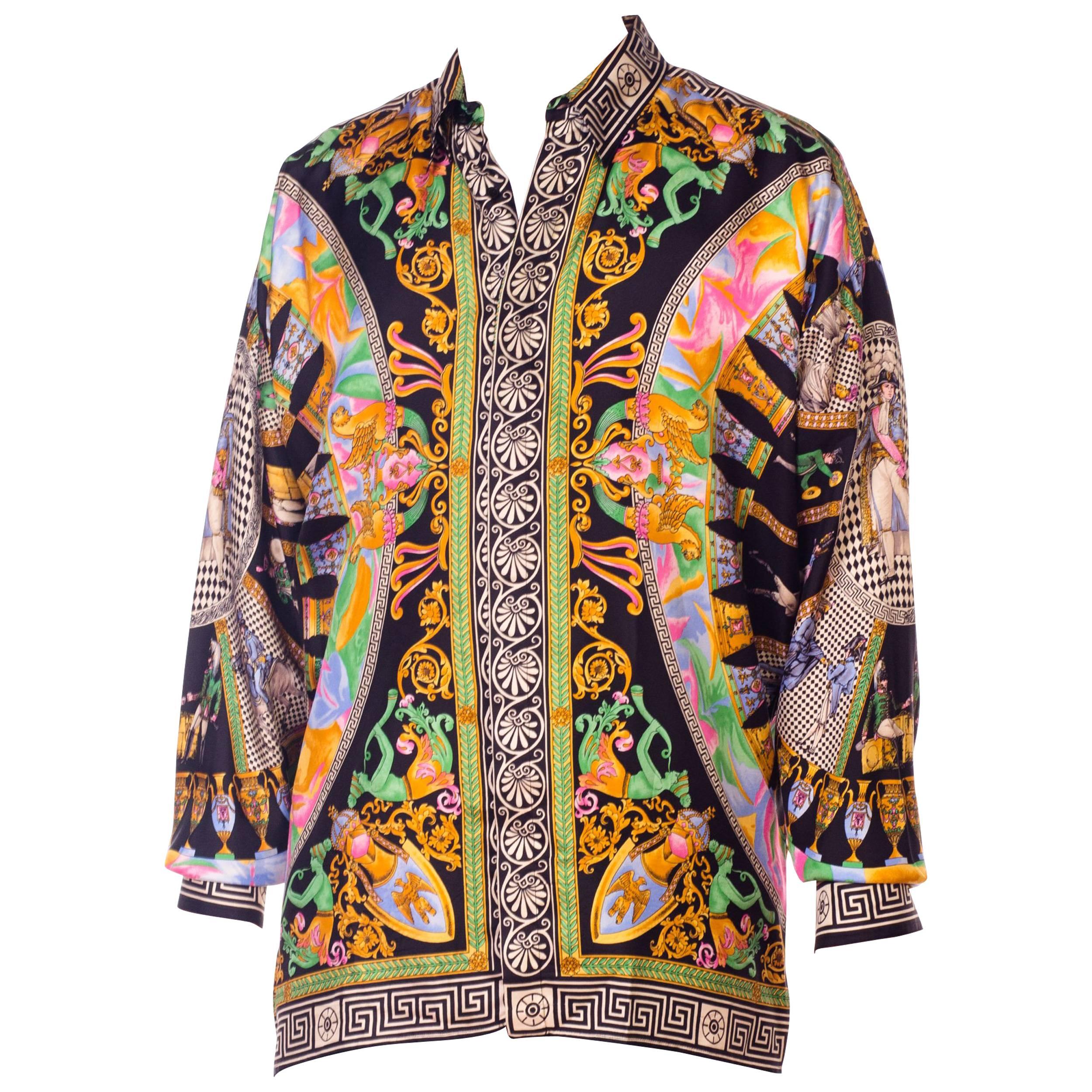 1990s Gianni Versace Neoclassical Greek Key Napoleonic Dandy Print Silk Shirt