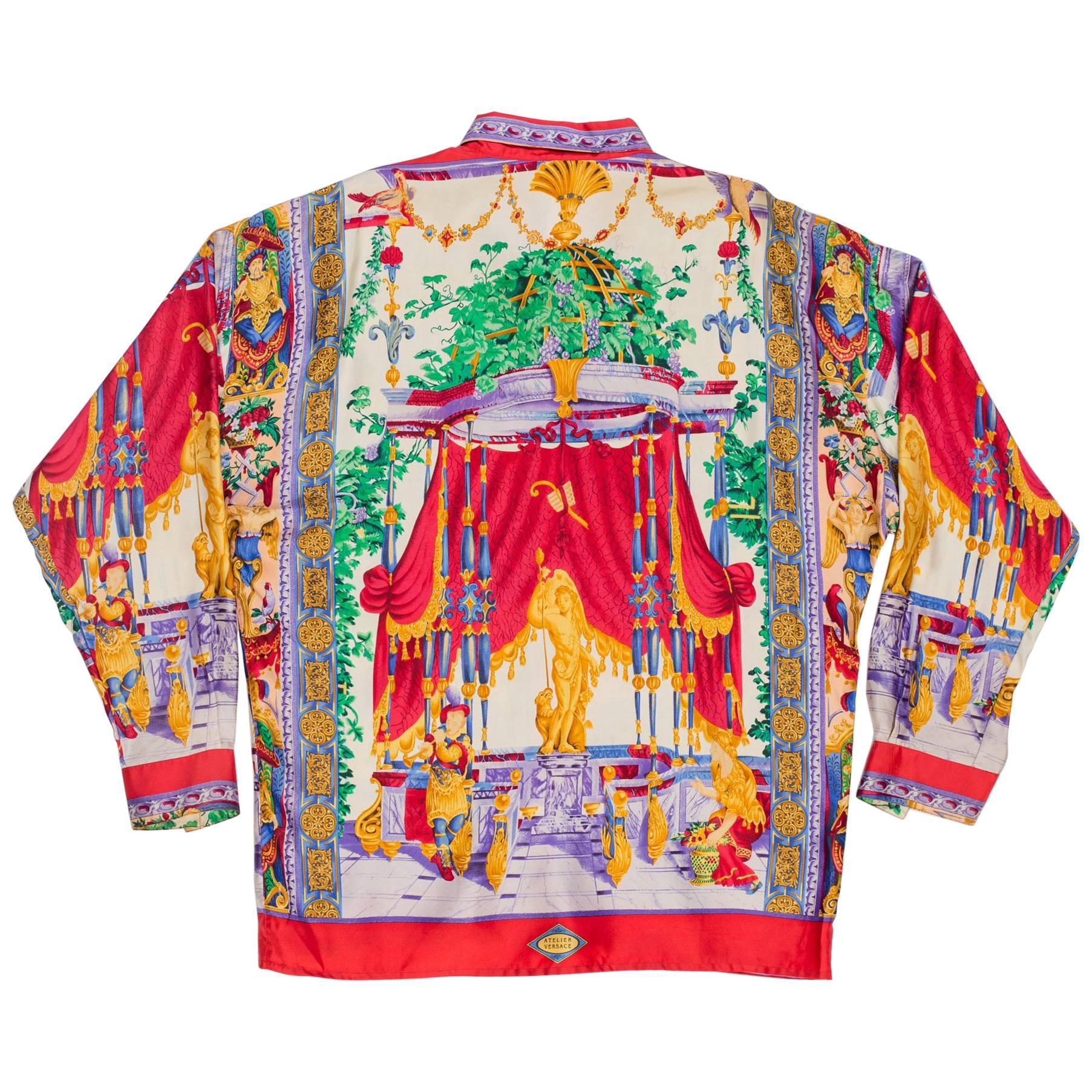 1990s Gianni Versace Men's Silk Chinese Royalty Garden Shirt