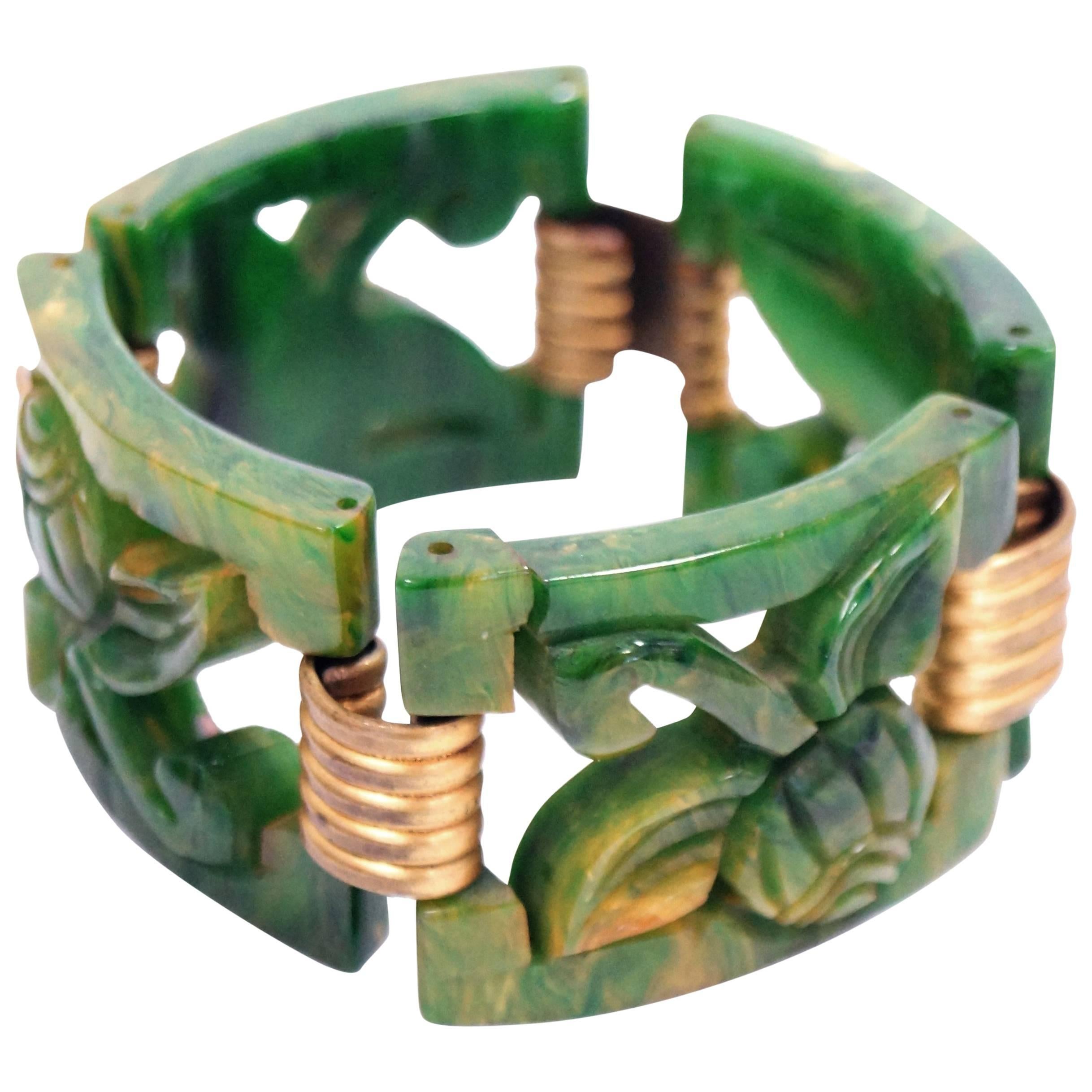 Carved Marbled Jade Bakelite Link Bracelet, 1930s   For Sale