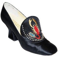 Retro Rare 1970s “Shoe Biz” Grecian Scorpion Embroidered Satin Heel