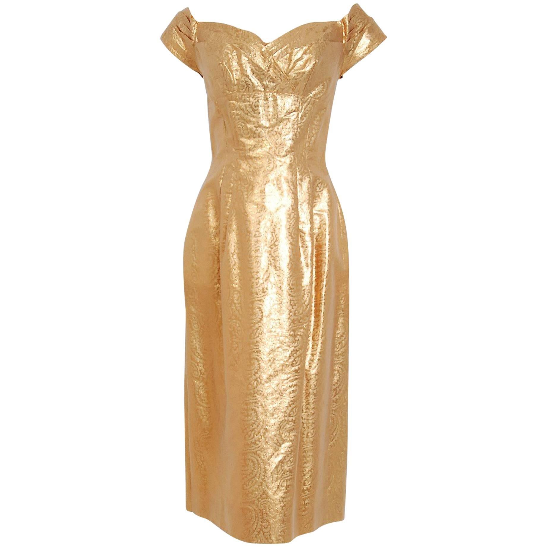 1950's Metallic Gold Lamé Shelf Bust Plunge Hourglass Fishtail Cocktail Dress
