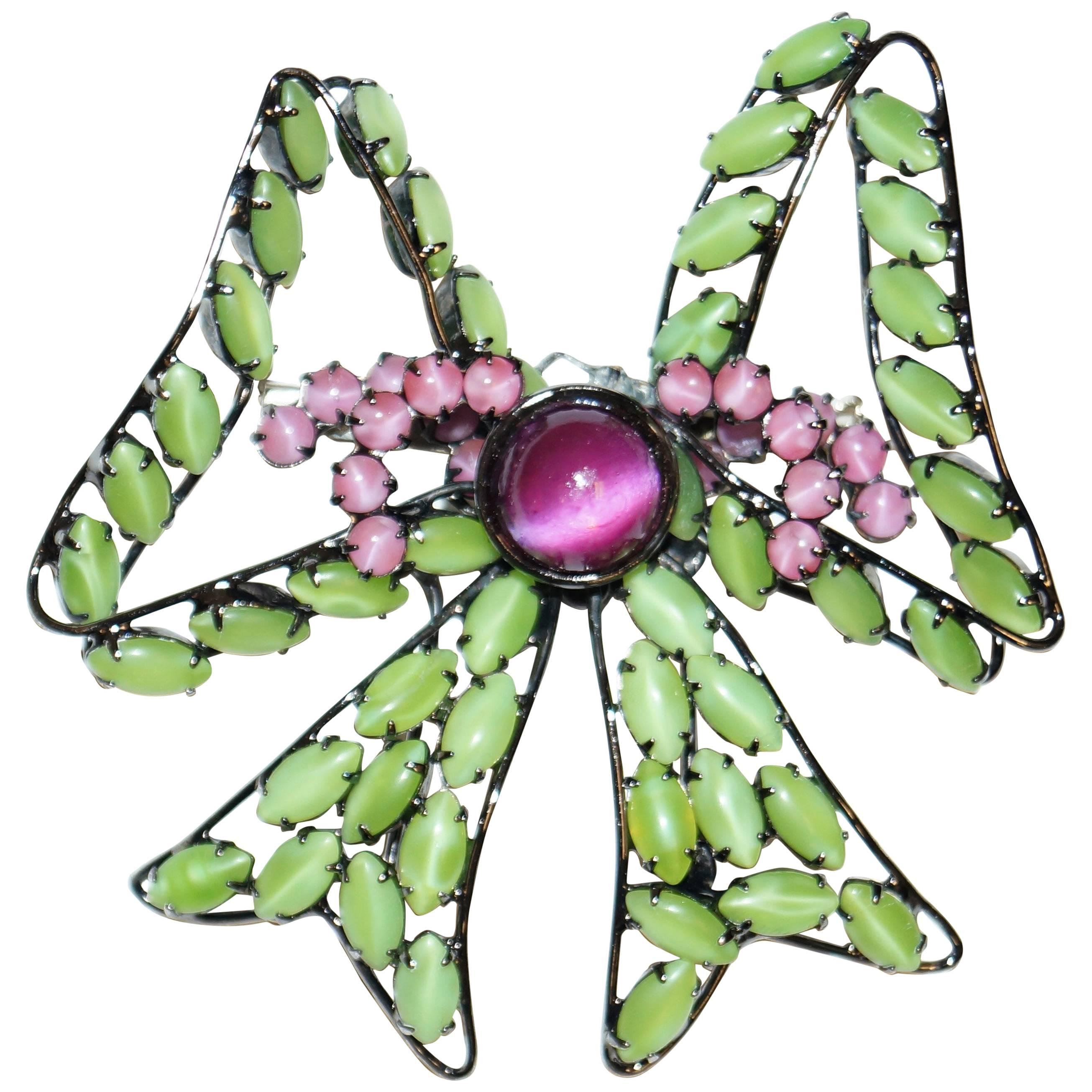 1980s Lawrence Vrba Oversized Statement Glass Cabochon Bow Brooch For Sale