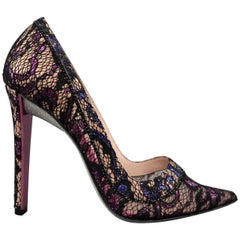 RENE CAOVILLA Size 8.5 Black & Fuchsia Metallic Lace Rhinestone Pumps