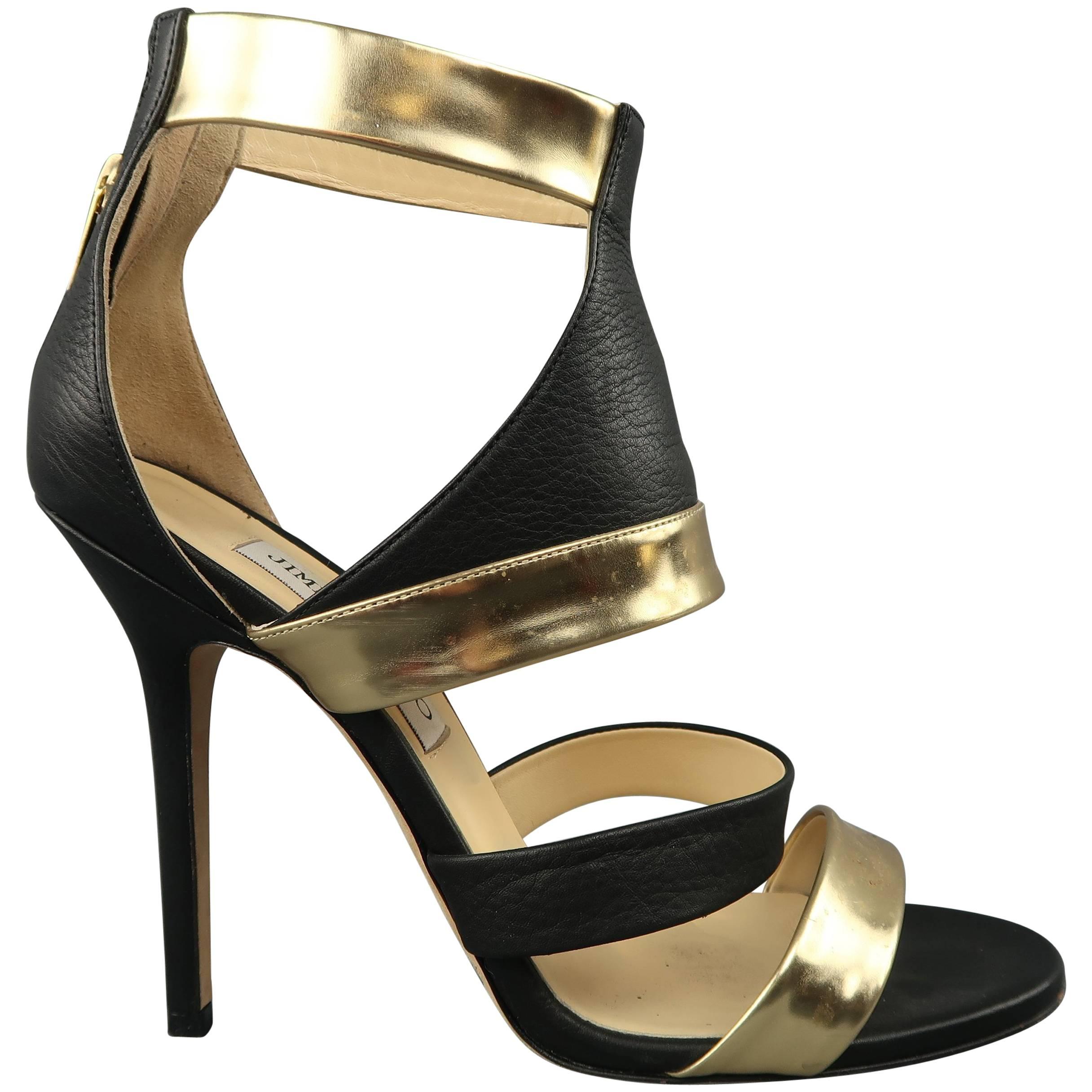 JIMMY CHOO Size 9 Black & Gold Leather BESSO Sandals