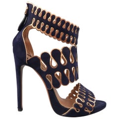 ALAIA Size 8.5 Navy & Metallic Copper Laser Cut Suede Pattern Strap Sandals