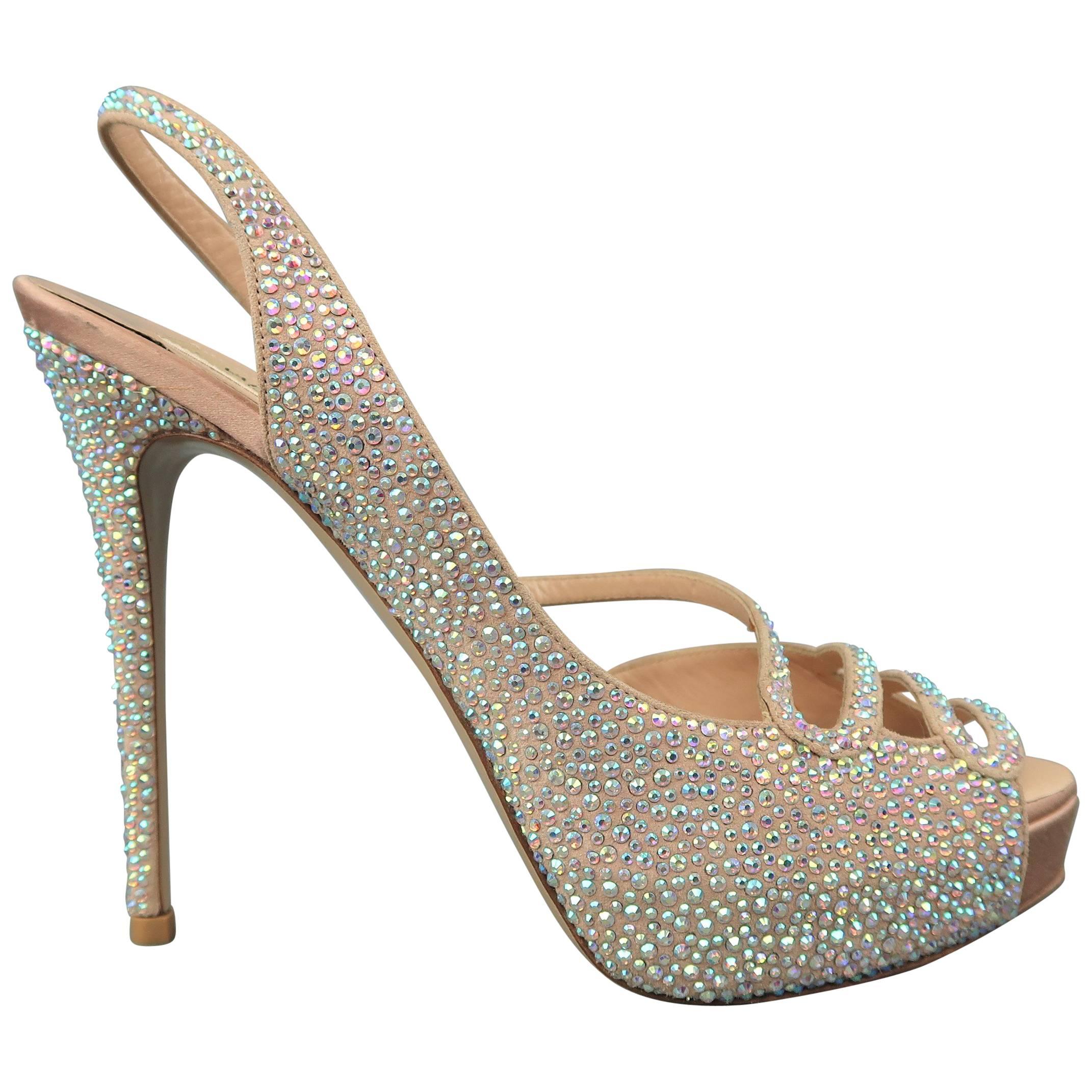VALENTINO Size 8.5 Beige Aurora Borealis Crystal Suede & Silk Peep Toe Sandals
