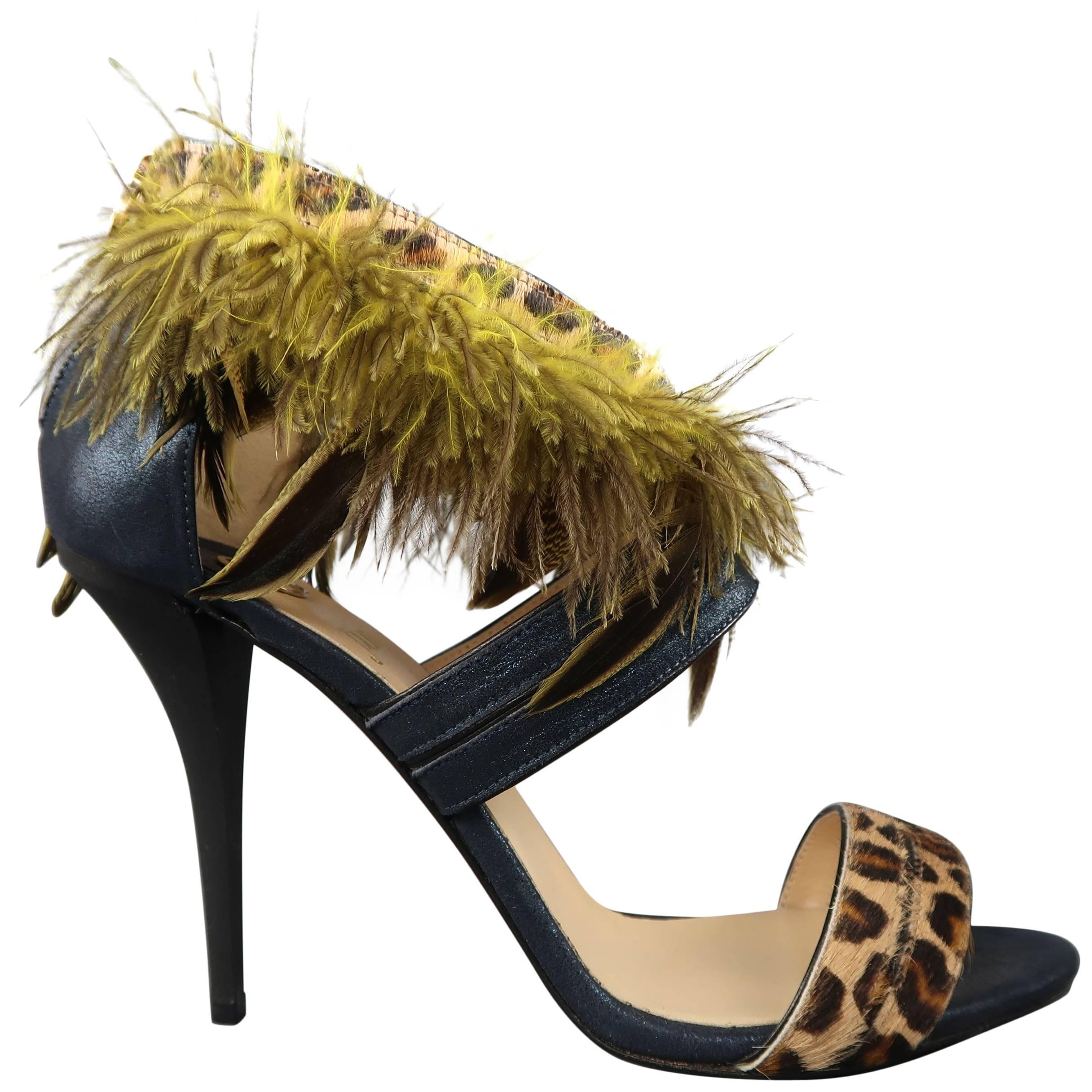 O JOUR Size 9 Navy Metallic Leather Leopard Green Feather Strap Sandals