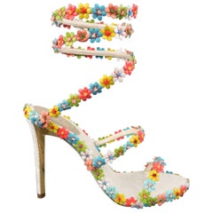 Rene Caovilla White Leather Multicolor Flower Coil Sandals