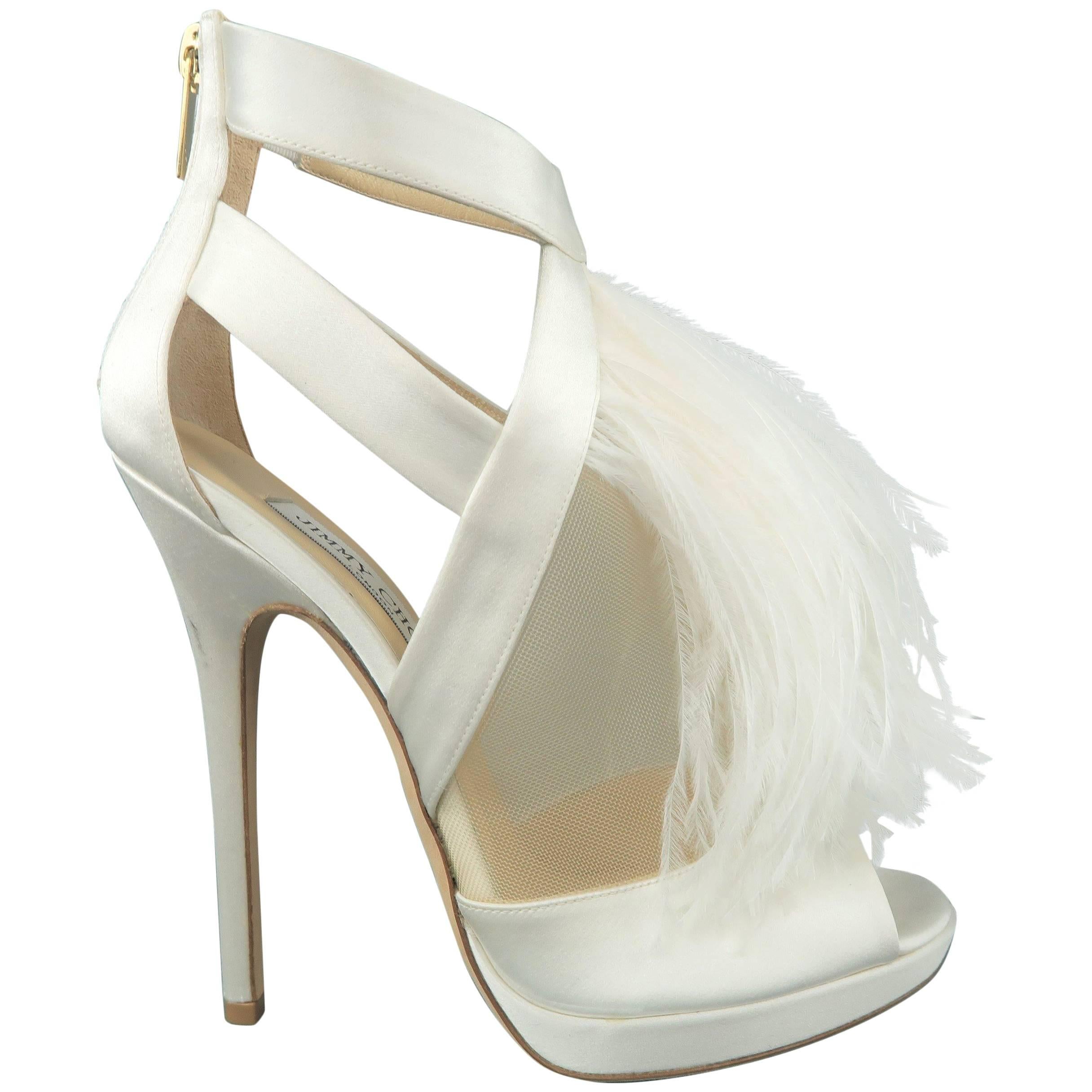 JIMMY CHOO Size 8.5 White Silk / Leather Ostrich Feather Bridal Sandals Heels