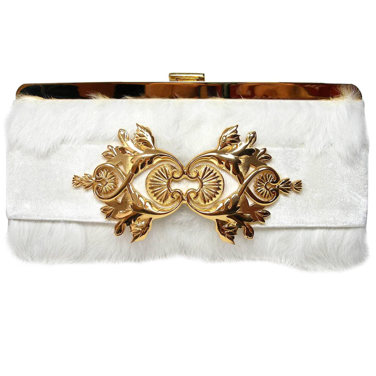Balmain Baroque Style Fur White and gold hardware Evening Clutch 
