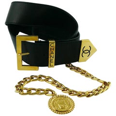 Chanel Vintage Black Leather Belt with Gold Toned Chain and CC Rue Cambon Coin