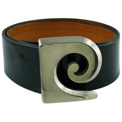 Pierre Cardin Vintage Black Patent Leather Belt with Bold Logo Buckle