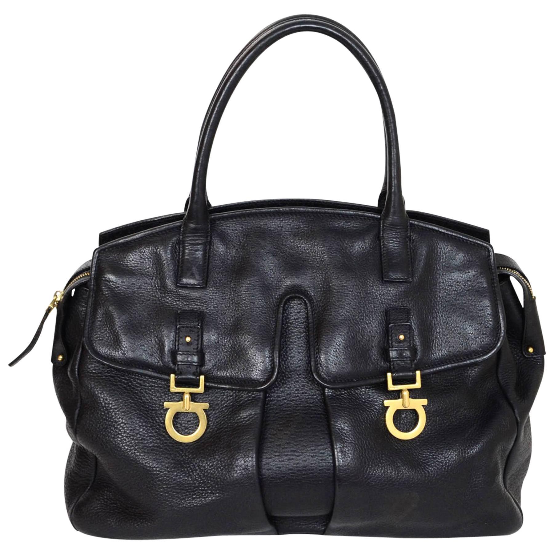 Salvatore Ferragamo Black Leather Double Pocket Satchel Bag