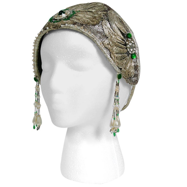 1920's Metallic Silver Lamé Beaded Green Jeweled Deco Flapper Crown Headpiece For Sale at 1stdibs