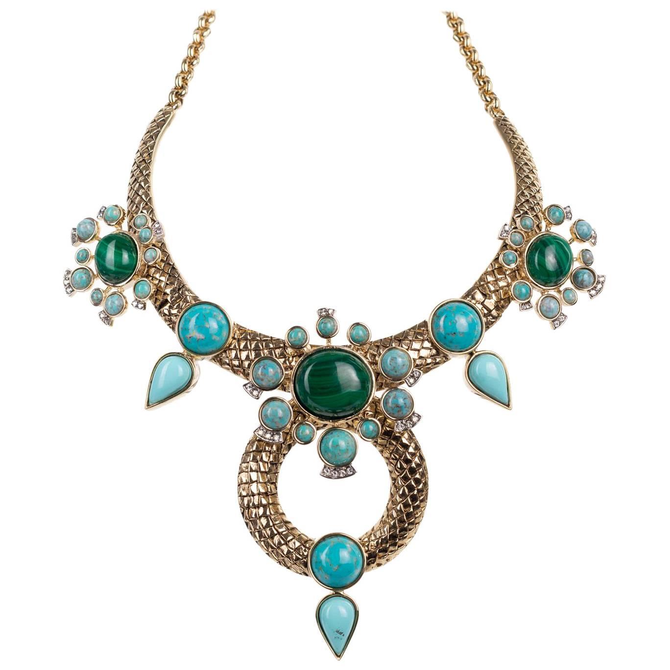 Roberto Cavalli Brass Bohemian Gold and Turquoise Statement Necklace For Sale