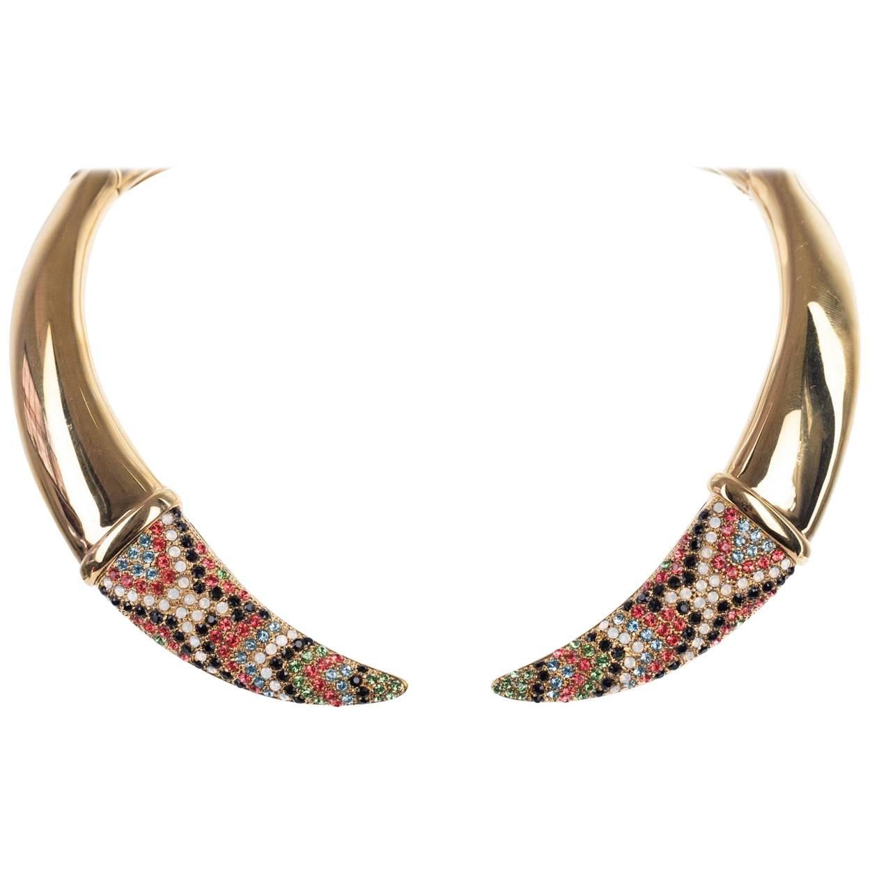Roberto Cavalli Brass Bohemian Embellished Tusk Choker Necklace For Sale