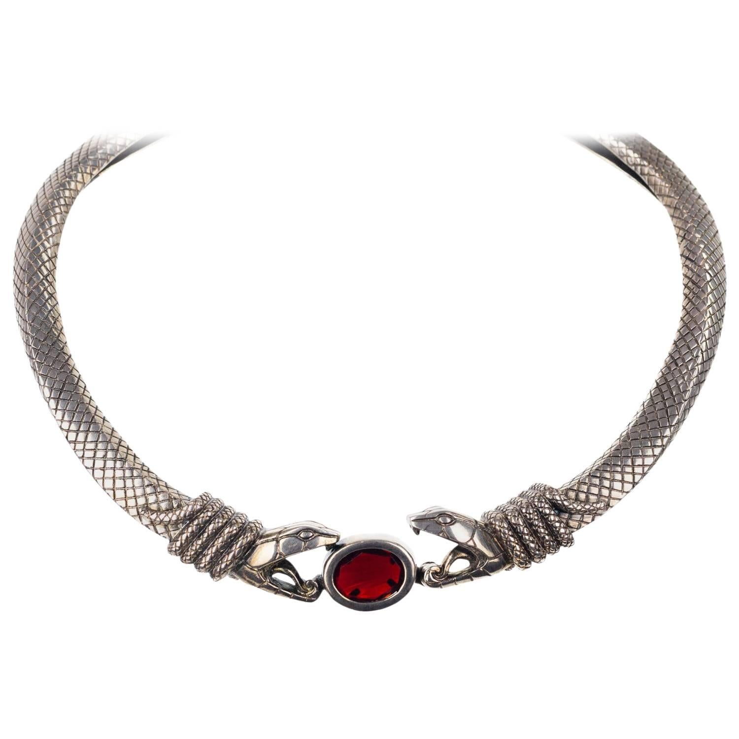 Roberto Cavalli Silver Plated Serpent Red Stone Choker Necklace For Sale