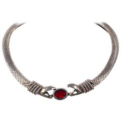 Roberto Cavalli Silver Plated Serpent Red Stone Choker Necklace