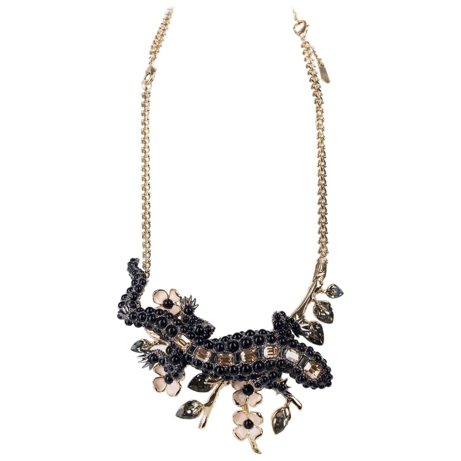 Roberto Cavalli Gold Plated Embellished Black Lizard Statement Necklace For Sale