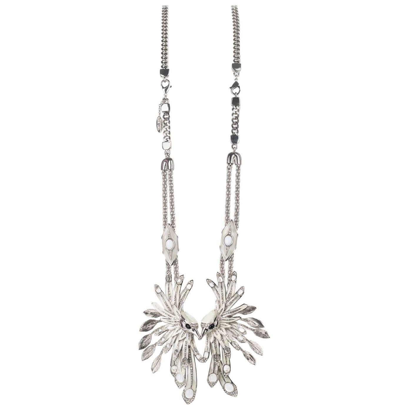 Roberto Cavalli Silver Plated Double Bird Long Statement Necklace For Sale