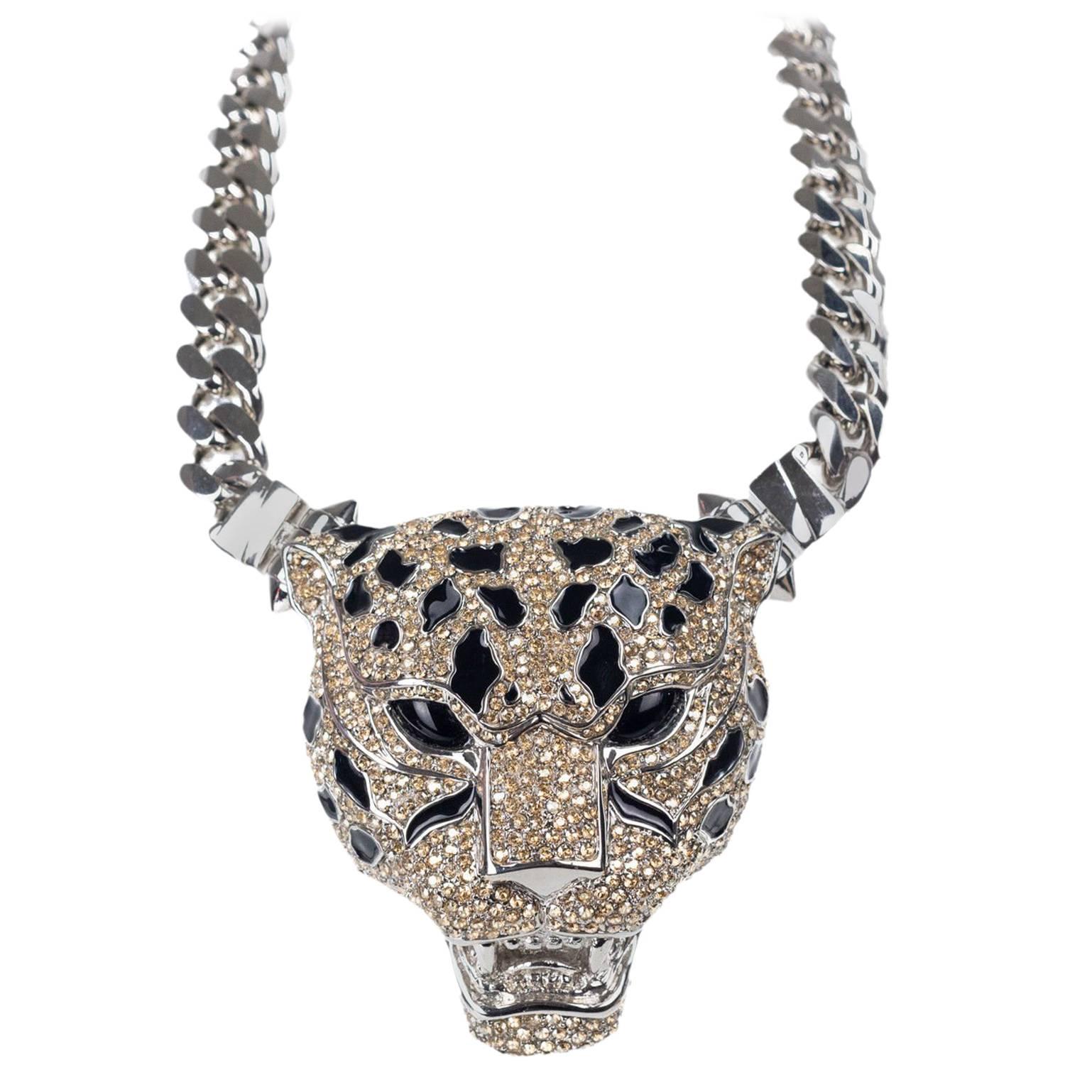 Roberto Cavalli Silver Plated Swarovski Crystal Panther Necklace For Sale