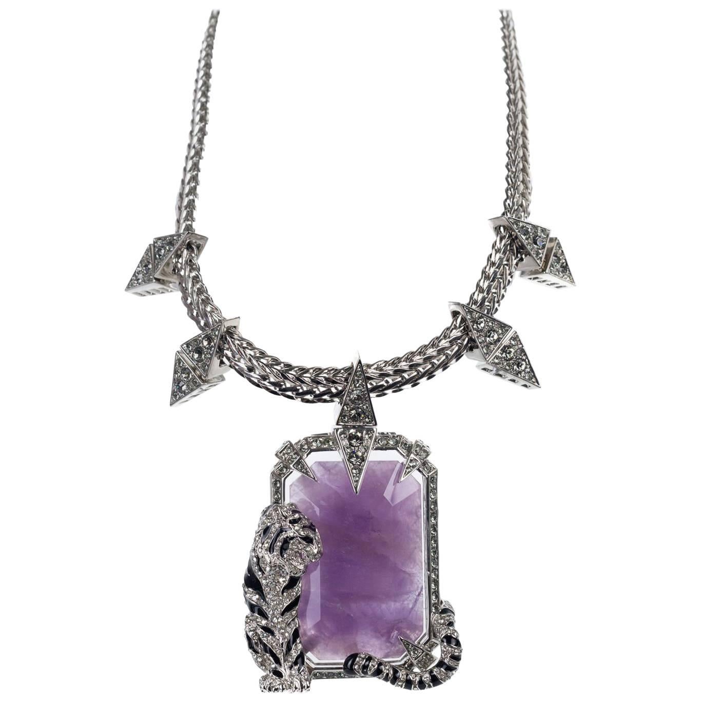 Roberto Cavalli Purple Enamel Swarovski Crystal Tiger Necklace For Sale