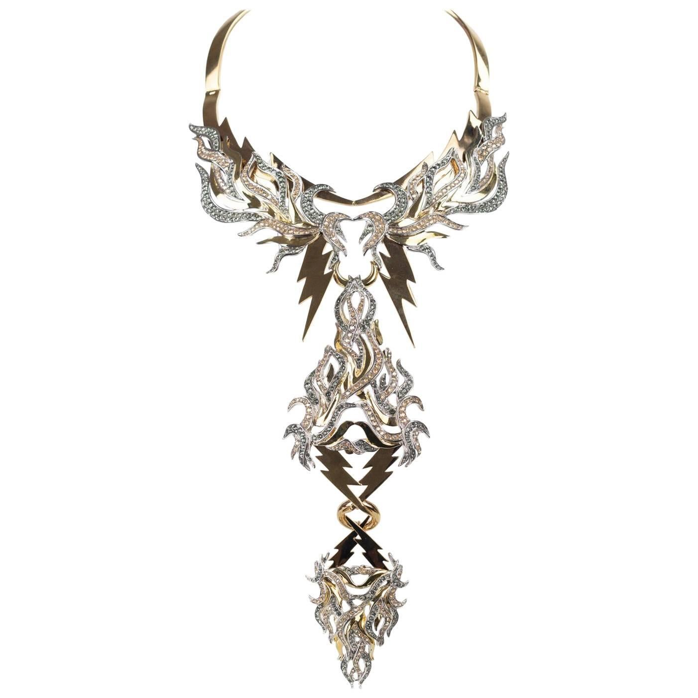 Roberto Cavalli Gold Plated Lightening Bolt Statement Necklace For Sale