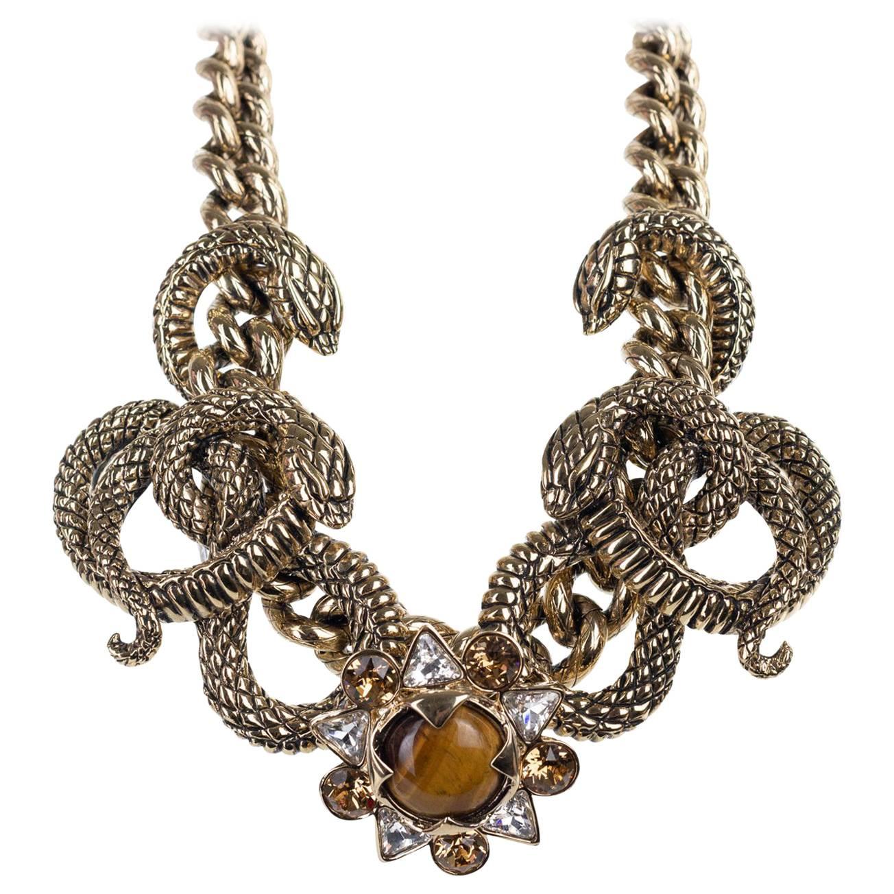 Roberto Cavalli Gold Plated Serpent Flower Stone Statement Necklace For Sale