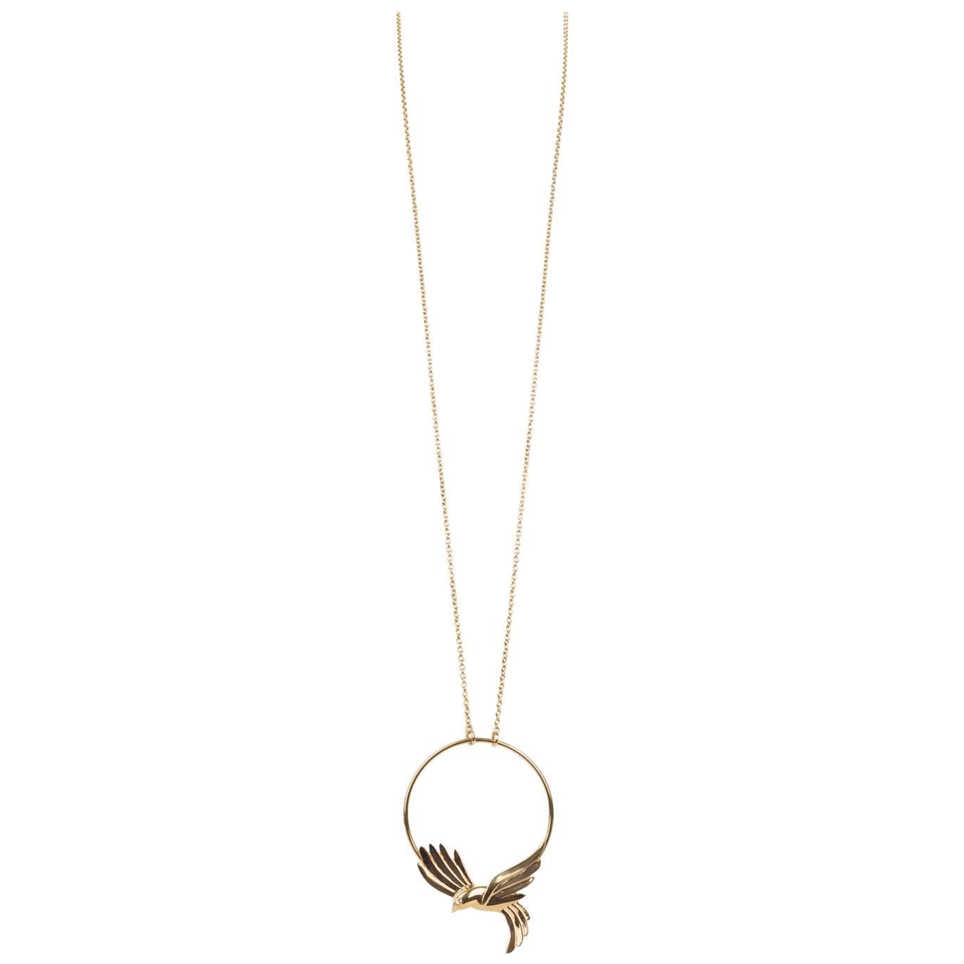 Roberto Cavalli Gold Plated Bird Pendant Long Necklace For Sale