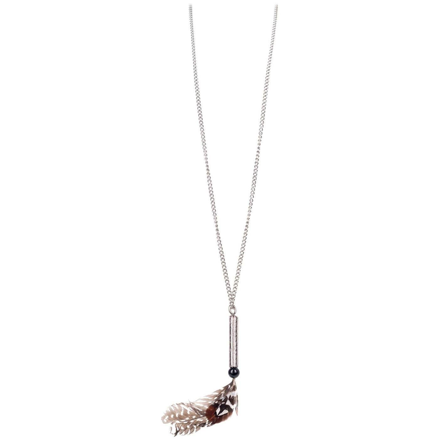 Roberto Cavalli Silver Plated Urban Feather Long Chain Necklace For Sale
