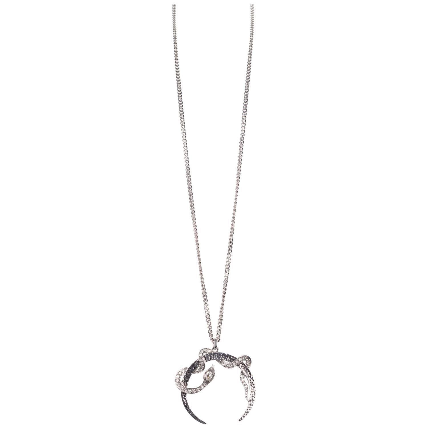 Roberto Cavalli Silver Half Moon Swarovski Crystal Serpent Necklace For Sale