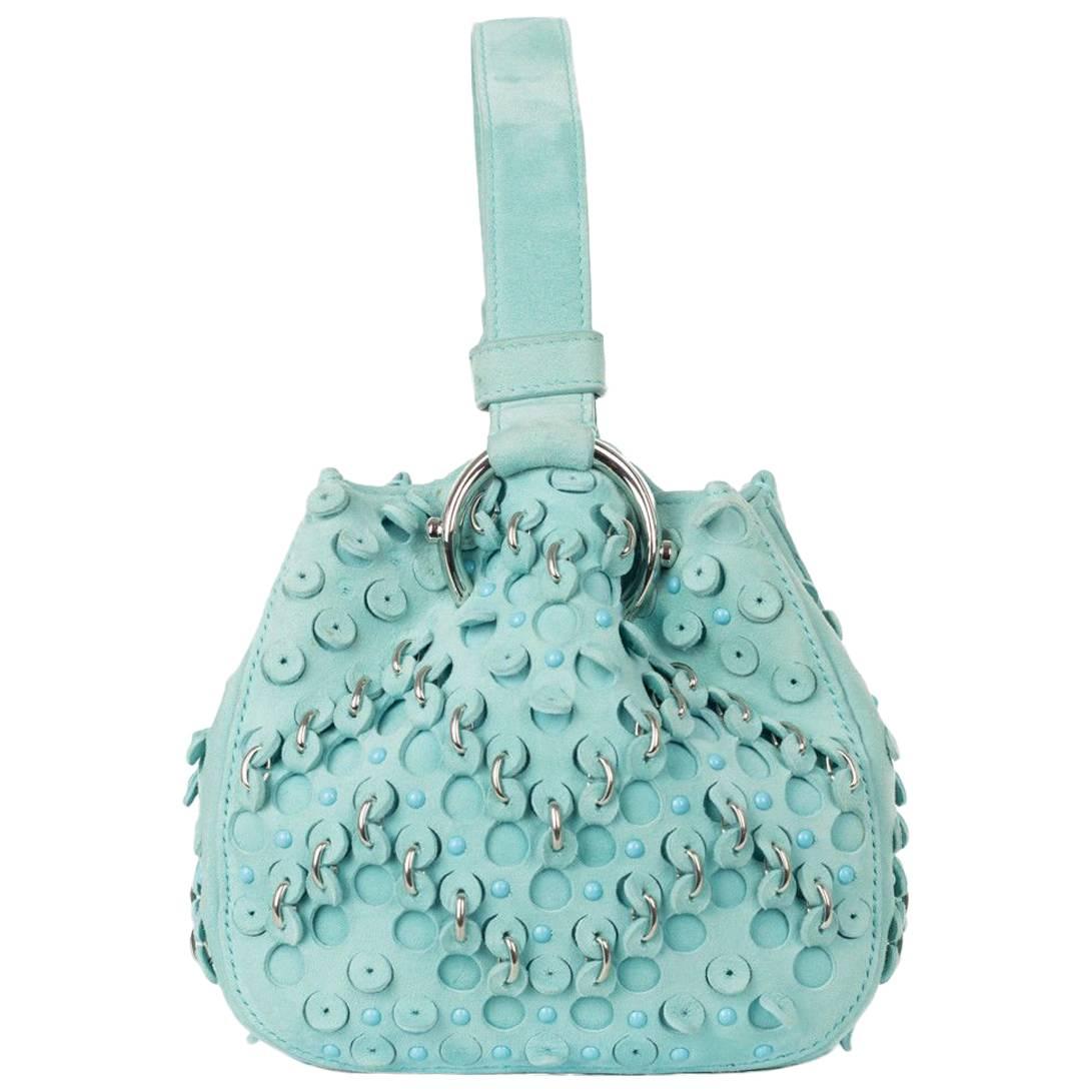 Roberto Cavalli Turquoise Suede Eyelet Studded Wristlet Bucket Bag For Sale