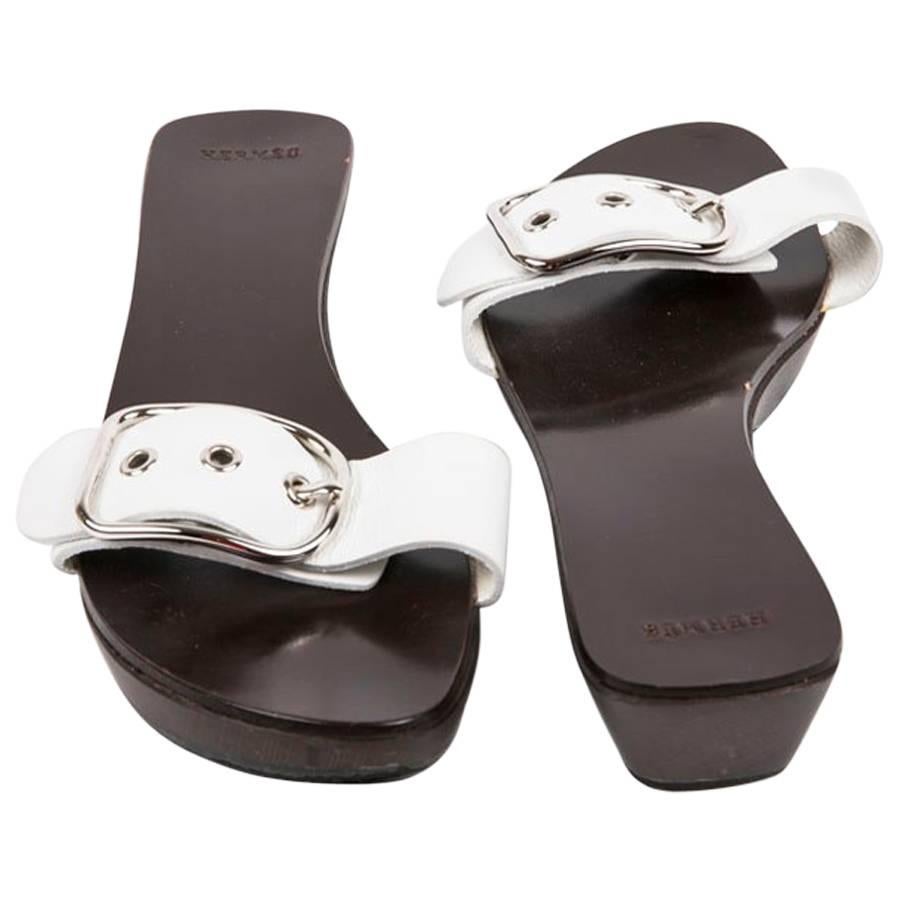HERMES Clog Mules in Brown Wood and White Leather Size 38FR