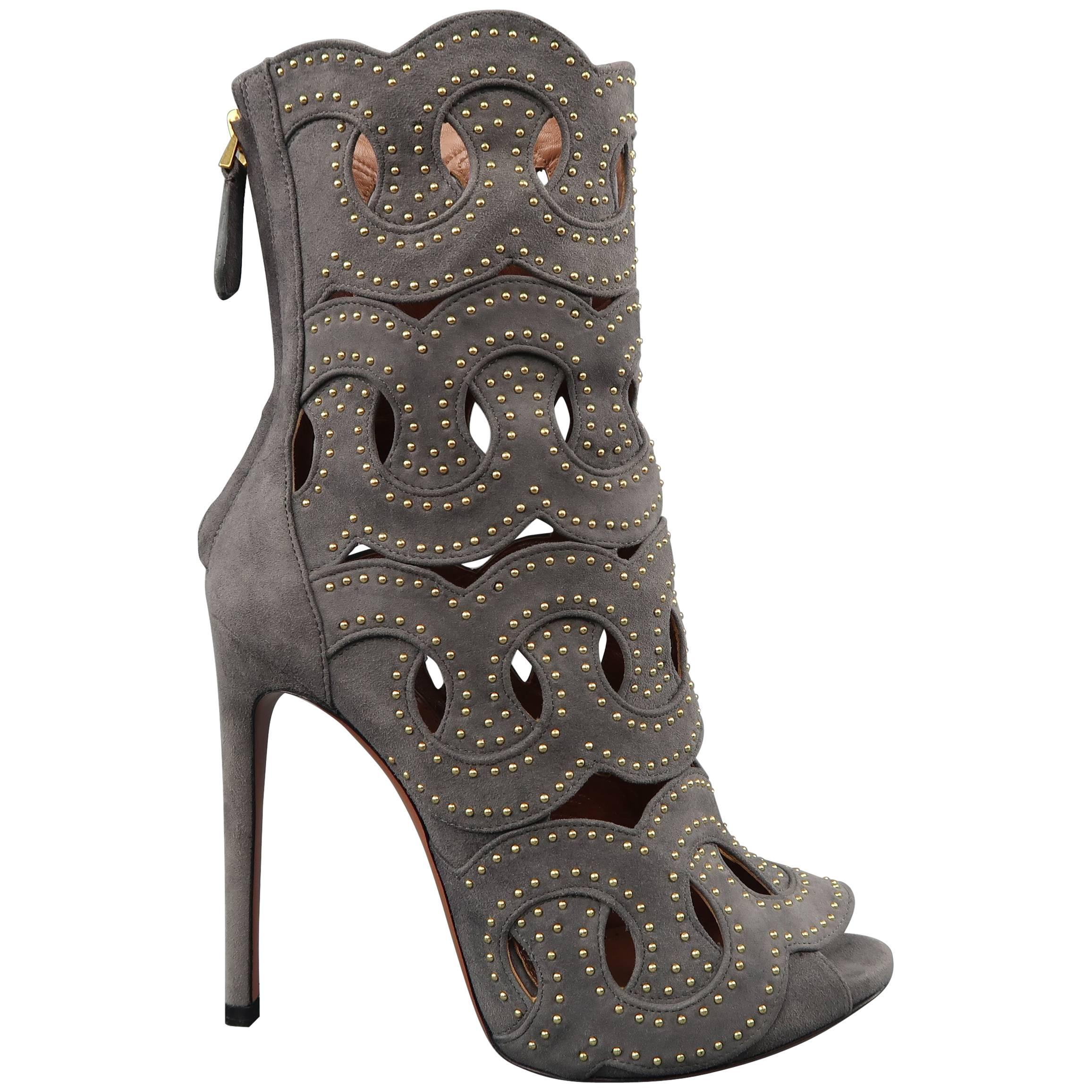 ALAIA Size 8.5 Gray Studded Cutout Suede Ankle Peep Toe Boots